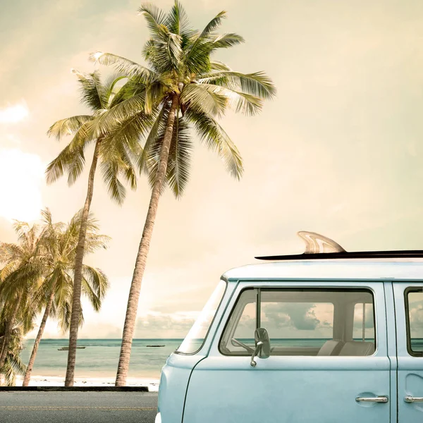 Vintage car parked on the tropical beach