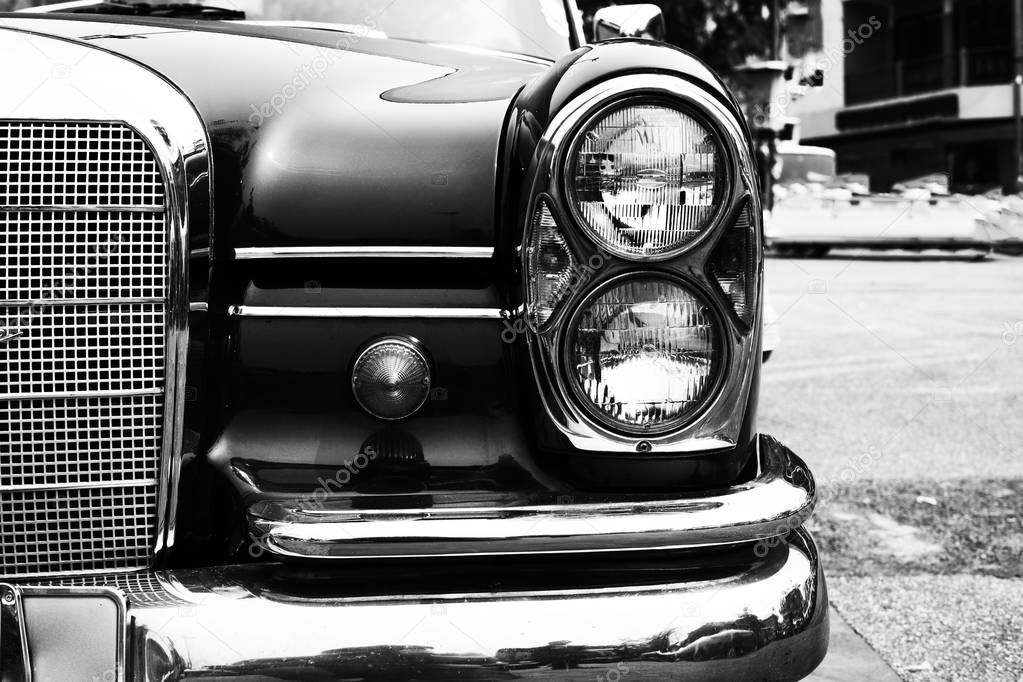 Black and white photo of classic car
