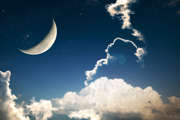   night sky clouds cape with stars and a crescent moon overlaid