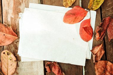  sonbahar yaprakları eski kağıt antika ahşap zemin üzerine