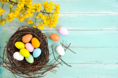 Yuva çiçek rustik ahşap plakalar arka planda mavi boya ile renkli Paskalya yumurta. Bahar mevsimi tatil. Vintage renk tonu stili. Üstten Görünüm kompozisyon.