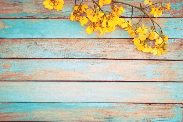 Flores amarillas sobre fondo de madera vintage, diseño de borde. tono de color vintage - concepto de flor de fondo de primavera o verano — Imagen de stock Flores Amarillas Sobre Fondo Madera Vintage Diseño Borde Tono Color Fotos De Stock Sin Royalties Gratis