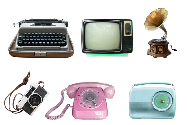 Collection Vintage Retro Technology Related Clipping Path Objects Isolated White — Stock Photo, Image