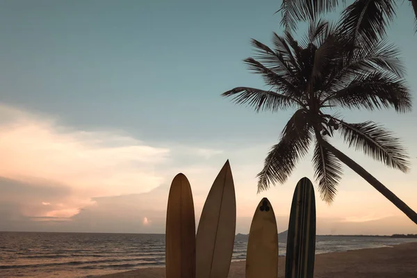 Silhouette Surfbrett Tropischen Strand Bei Sonnenuntergang Sommer Meereslandschaft Mit Sommerstrand — Stockfoto