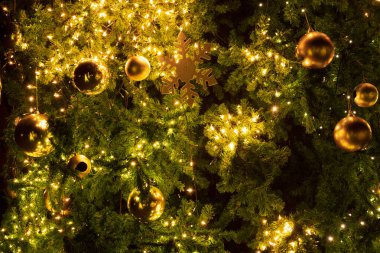 Noel ve Yeni Yıl tatilinde geceleri dekorasyon, ışık ve altın topu ile yakın çekim Noel ağacı.