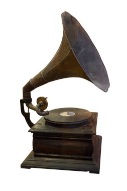 gramofon çalar ve disk nesne için kırpma yolu ile beyaz üzerinde izole. Eski ve eski teknoloji.