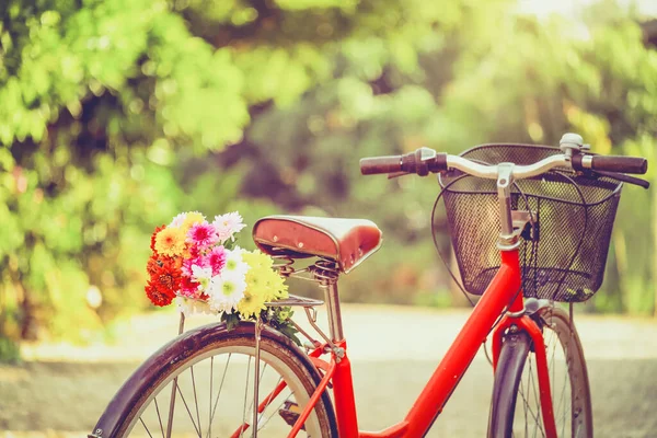 Çiçek Buketli Klasik Kırmızı Bisiklet Kırsalda Tatil Yaşam Tarzı — Stok fotoğraf