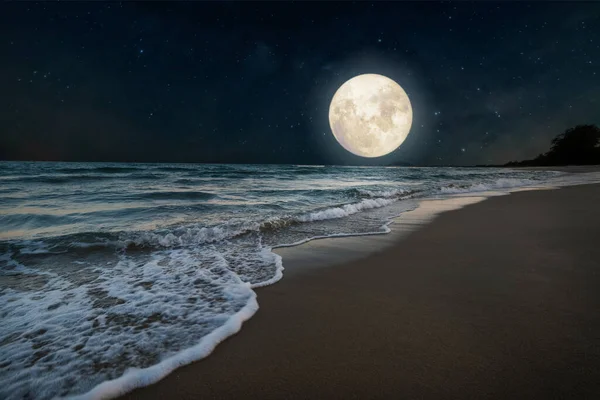 美しい自然ファンタジー ロマンチックなビーチと星と満月 ヴィンテージカラートーンでレトロなスタイル 夏の季節 夜空の新婚旅行の背景概念 — ストック写真