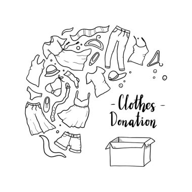 Giysilerin el çizimi, bağış, hayır işi, bakım konsepti. 