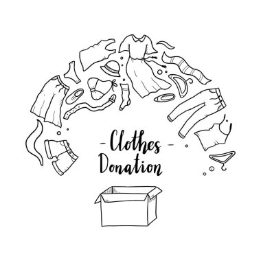 Giysilerin el çizimi, bağış, hayır işi, bakım konsepti. 