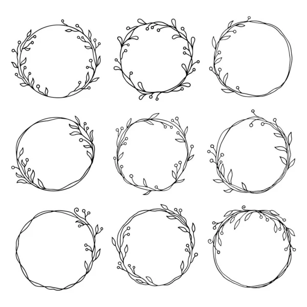 円の花のフレームの手描きセット — ストックベクタ