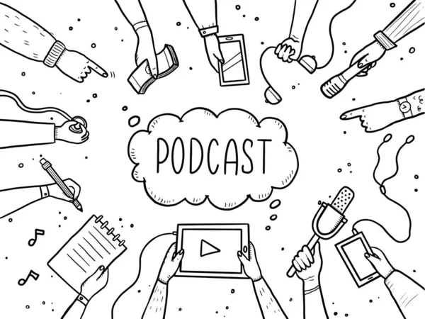 Handgetekende illustratie van handen voor podcast concept — Stockvector