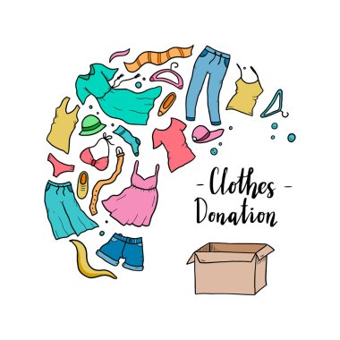 Giysilerin el çizimi, bağış, hayır işi, bakım konsepti. 