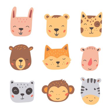 Bir grup sevimli vahşi hayvan yüzü. El çizimi biçim vektör illüstrasyonu. 