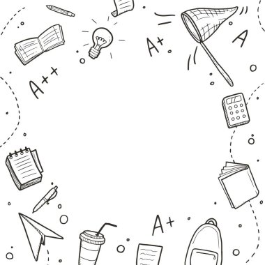 El çizimi üniversite seti, okul çalışma unsurları. Doodle tarzı.