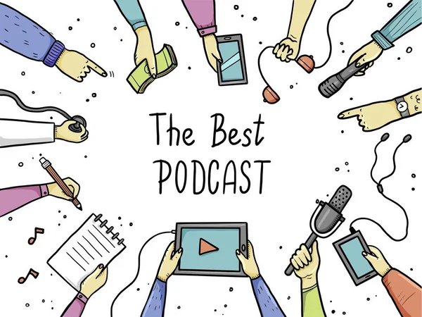 Ręcznie rysowane ilustracja rąk do koncepcji podcast — Wektor stockowy