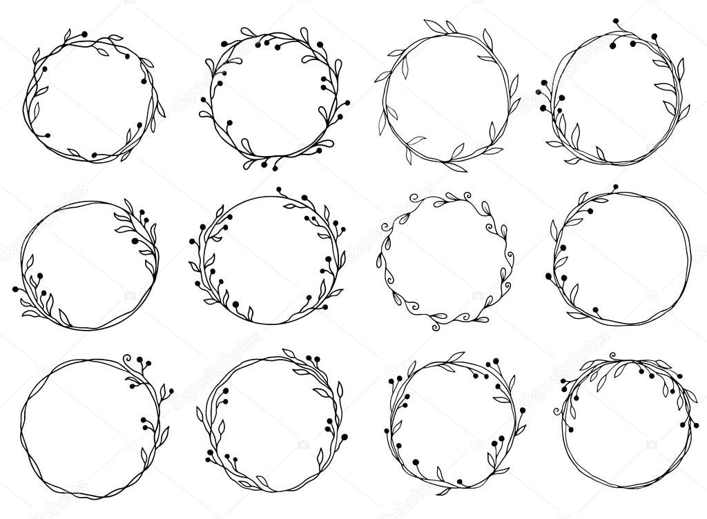 Hand drawn set of circle floral frame
