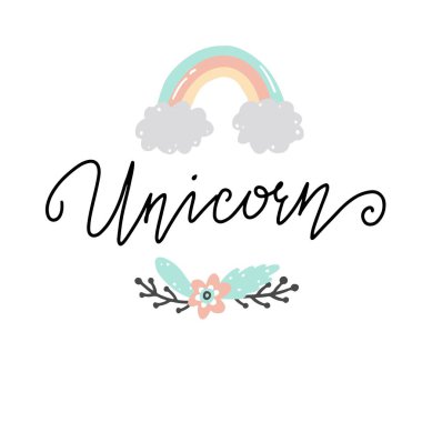 Tek boynuzlu at yazıları. Vektör illüstrasyonu