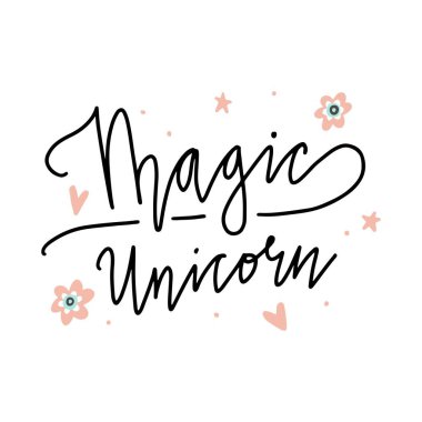 Tek boynuzlu at yazıları. Vektör illüstrasyonu