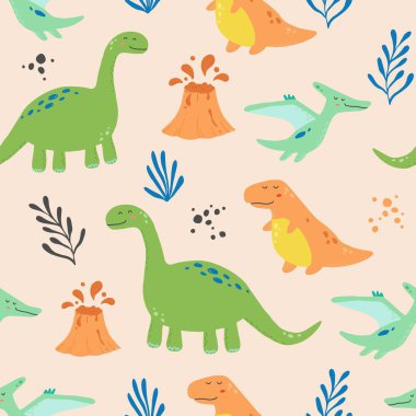 Şirin, kusursuz dinozor deseni. vektör illüstrasyonu.