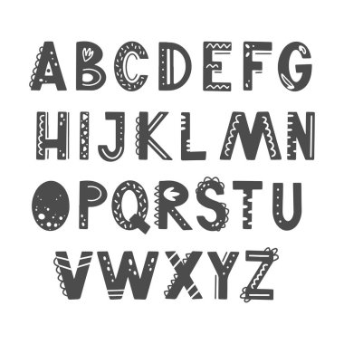 Çocuk tasarımı için alfabe karakter kümesi.