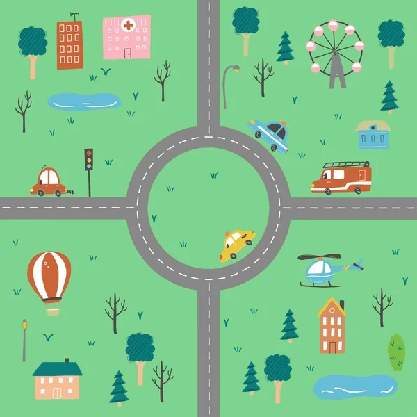 Детская городская карта транспорта и дорог. Векторная иллюстрация . — стоковый вектор