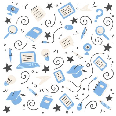 Elle çizilmiş çevrimiçi eğitim unsurları. Vektör illüstrasyonu.