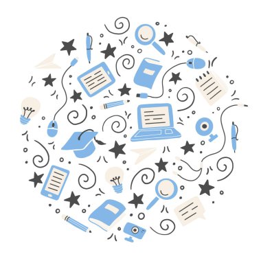 Elle çizilmiş çevrimiçi eğitim unsurları. Vektör illüstrasyonu.