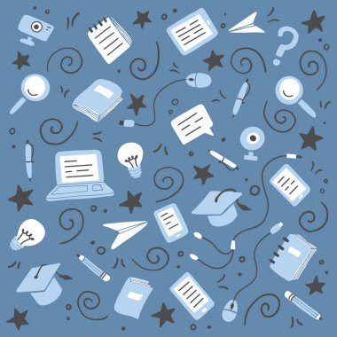 Elle çizilmiş çevrimiçi eğitim unsurları. Vektör illüstrasyonu.