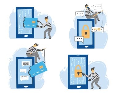 Çevrimiçi dolandırıcı, siber hacker konsepti. Vektör illüstrasyonu.