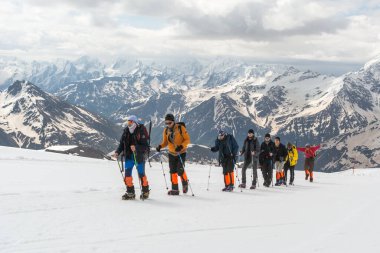 Caucasus / Russia - 22/05/2018 Group of climbers, acclimatization program in the mountains before climbing