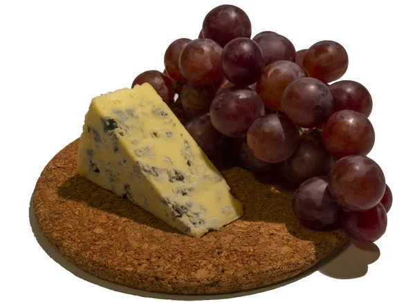 Mature Blue Stilton cheese with red grapes and knife  isolated on a white background