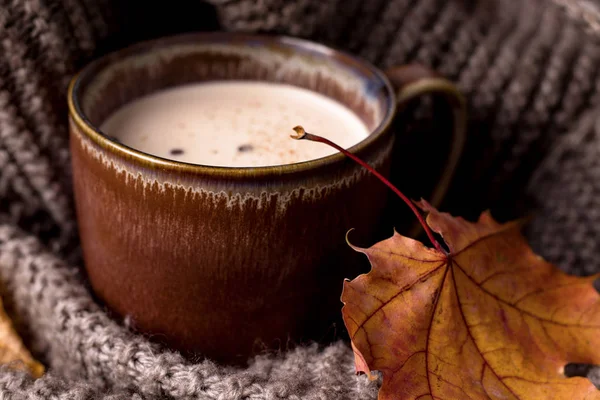 Чай Масала Шарфе Деревянном Столе Осень Осенняя Листва — стоковое фото