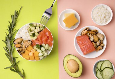 Pirinç, somon, ton balığı, avokado, midye, salatalık ve peynirli salata. Hawaii mutfağı. Japon yemeği. Doğranmış Salata.