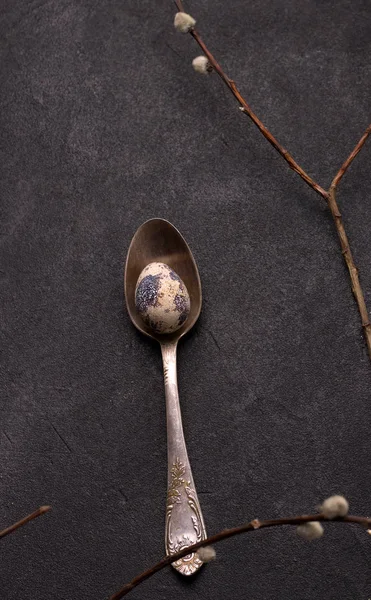 Klasyczna łyżka z przepiórczym jajkiem na czarnym tle. Minimalizm — Zdjęcie stockowe