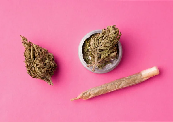 Marihuana na růžovém pozadí vedle cigarety — Stock fotografie