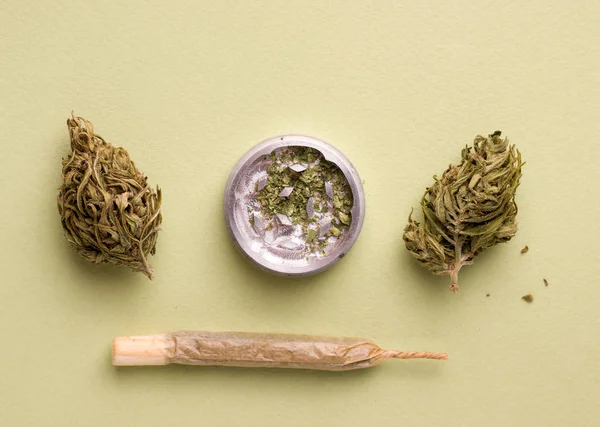 Trocken geschreddertes Marihuana in einer Mühle auf grünem Hintergrund — Stockfoto
