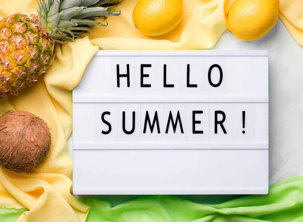 Concept Coming Summer Lightbox Inscription Hello Summer Next Tropical Fruits — Stock Photo, Image