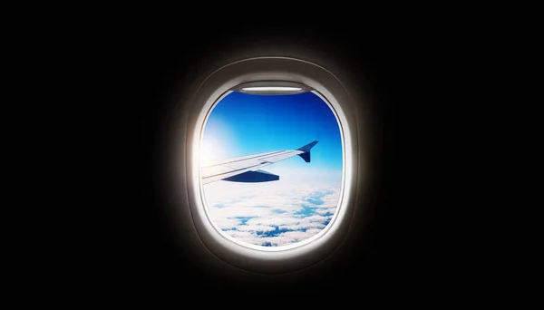 Black Background Copy Space Look Seat Window Frame Airplane Flight — Stock Photo, Image