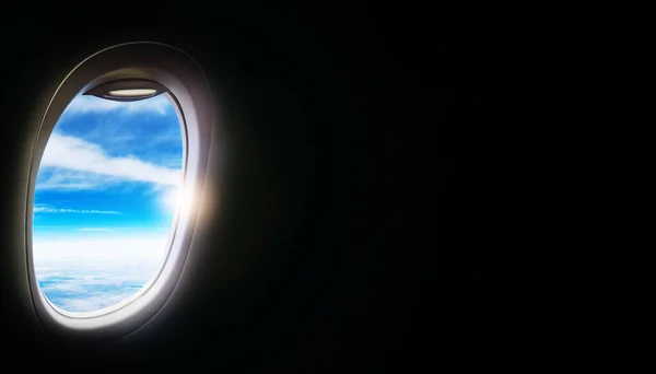 Black Background Copy Space Look Seat Window Frame Airplane Flight — Stock Photo, Image