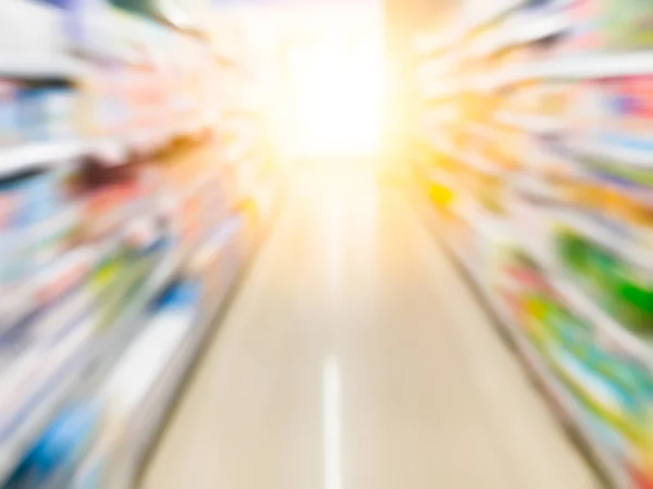 Fundo Borrado Prateleira Supermercado Loja Cheia Produtos Alimentos Prontos Para — Fotografia de Stock