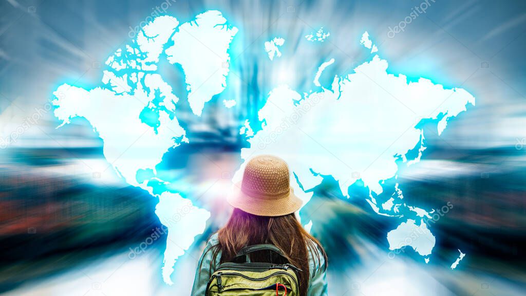 Abstract blurred background of travel technology. Tourism industry digital transformation innovation to virtual augmented reality for futuristic holiday journey on coronavirus quarantine city lockdown