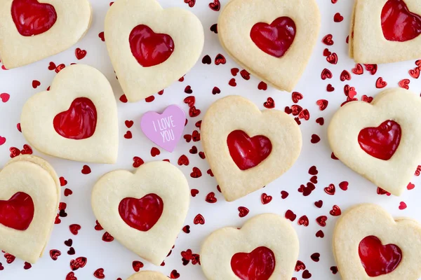 Heart shaped jam filled sugar cookies — Stock Photo, Image