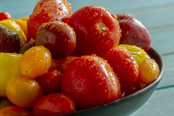 Fresh from garden tomatoes in bowl — Stock Photo, Image