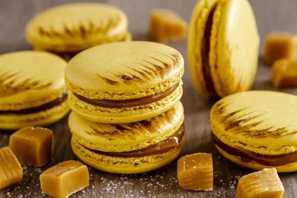 Baked salted caramel flavored french macarons