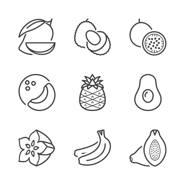 Frutas tropicales básicas iconos de línea delgada — Vector de stock