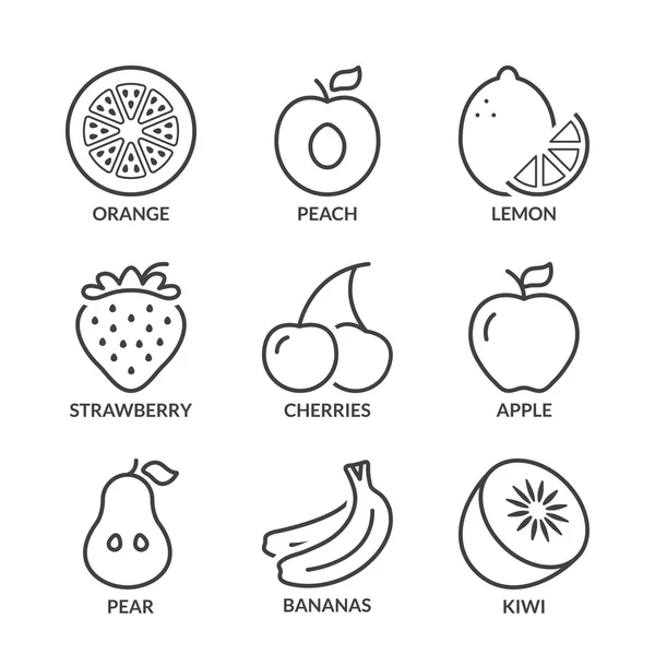 Fruits de base lignes fines icônes 1 avec texte — Image vectorielle