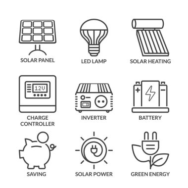 temel güneş enerjisi ekipmanları satır metinlere sahip simgeler