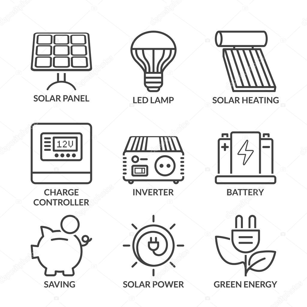 Basic solar energy equipment line icons with text ⬇ Vector Image by