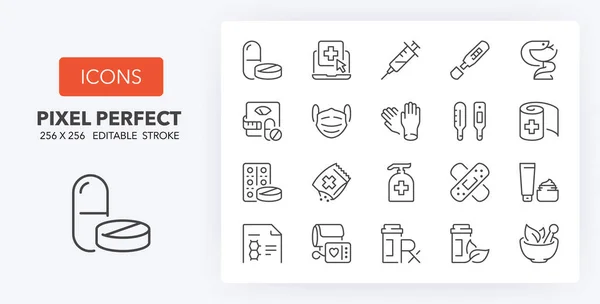 Apotheek Producten Diensten Dunne Lijn Pictogram Set Outline Symbool Collectie — Stockvector